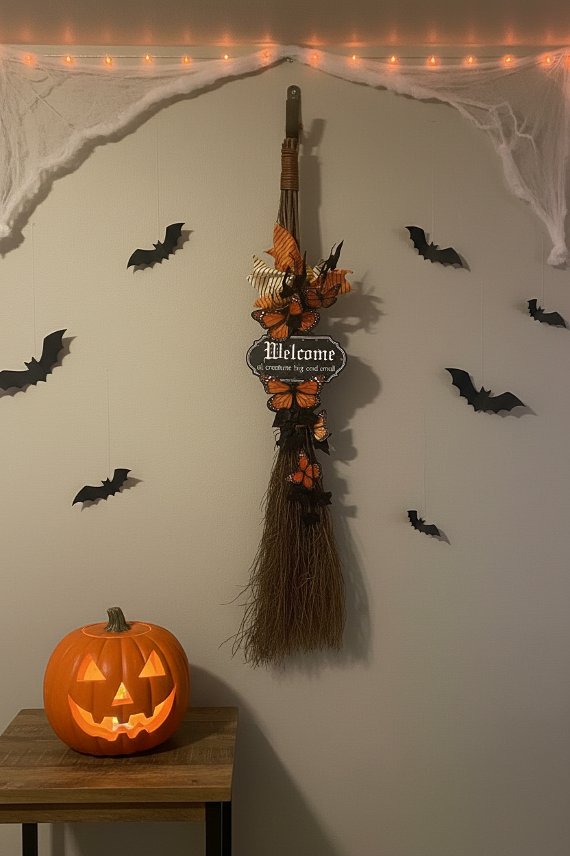 AGSD Halloween Decor - Welcome Creatures Witch Broom Floral Display 3ft