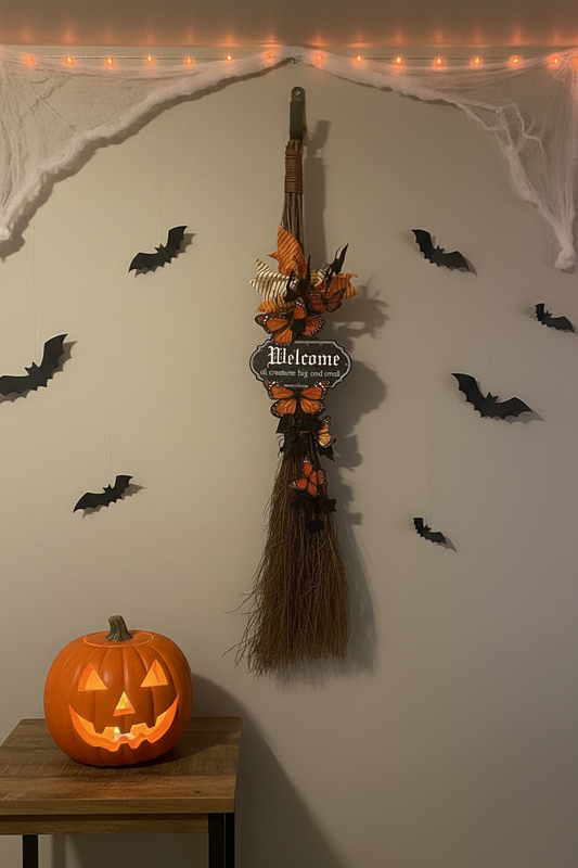 AGSD Halloween Decor - Welcome Creatures Witch Broom Floral Display 3ft