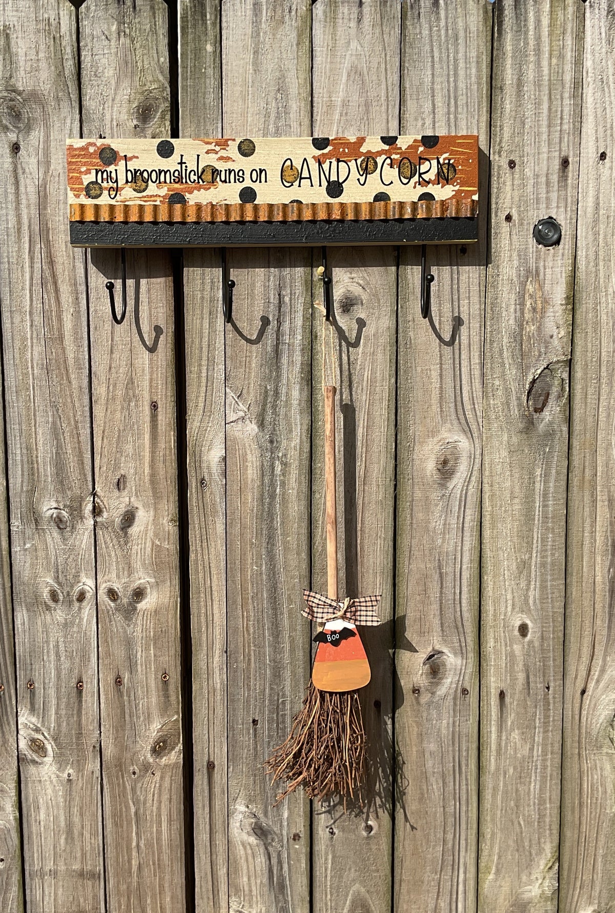 AGSD Halloween Decor - Prim Broom Stick Runs On Candy Corn Wall Hanger Sign