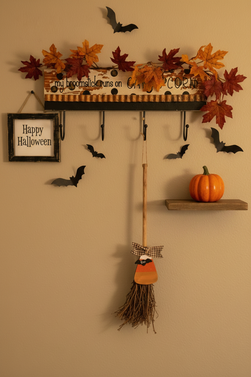 AGSD Halloween Decor - Prim Broom Stick Runs On Candy Corn Wall Hanger Sign