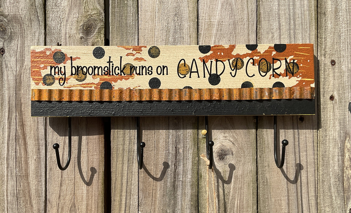 AGSD Halloween Decor - Prim Broom Stick Runs On Candy Corn Wall Hanger Sign