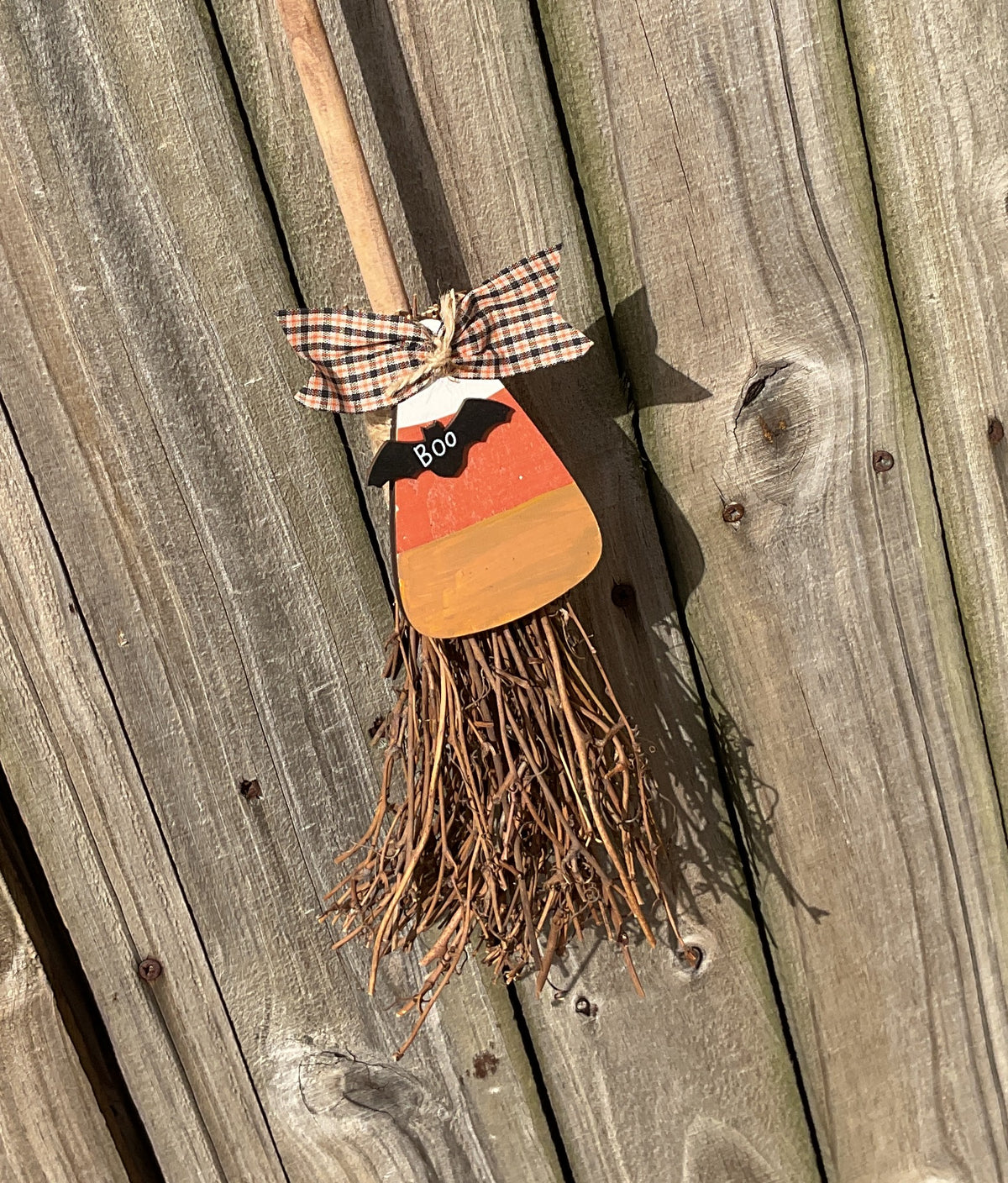 AGSD Halloween Decor - Prim Broom Stick Runs On Candy Corn Wall Hanger Sign