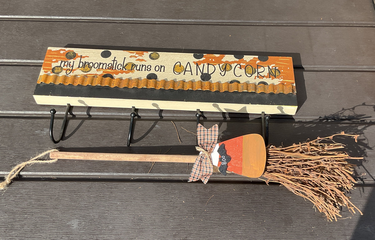 AGSD Halloween Decor - Prim Broom Stick Runs On Candy Corn Wall Hanger Sign