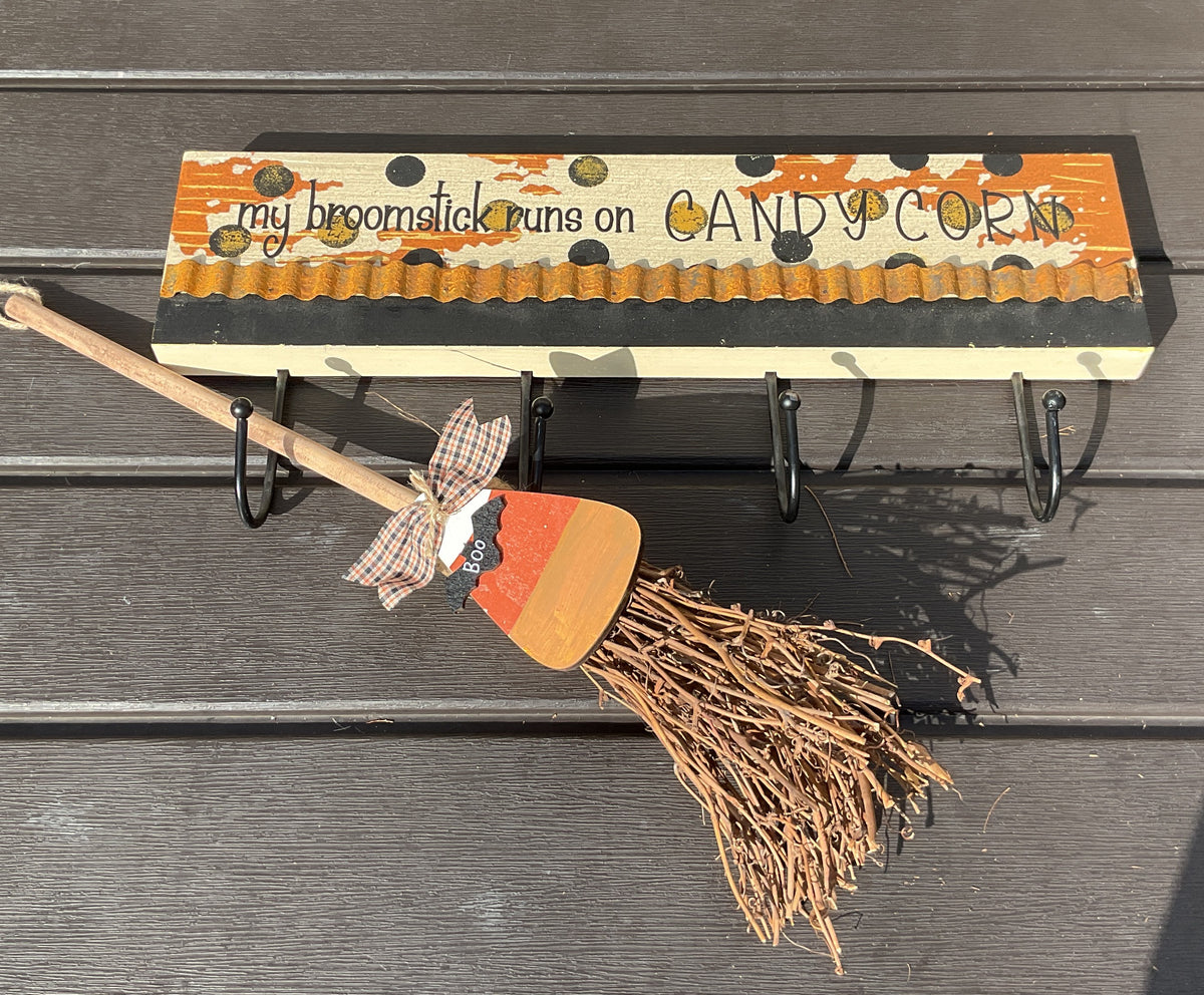 AGSD Halloween Decor - Prim Broom Stick Runs On Candy Corn Wall Hanger Sign