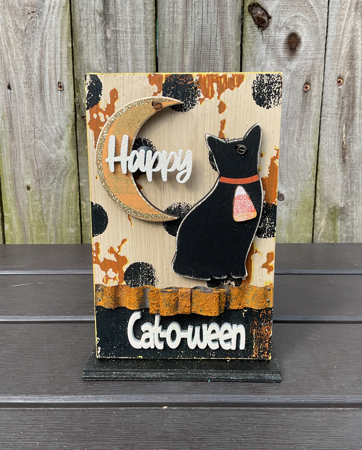 AGSD Halloween Decor - Prim Farmhouse 3-D Happy Cat-O-Ween Sitter Sign