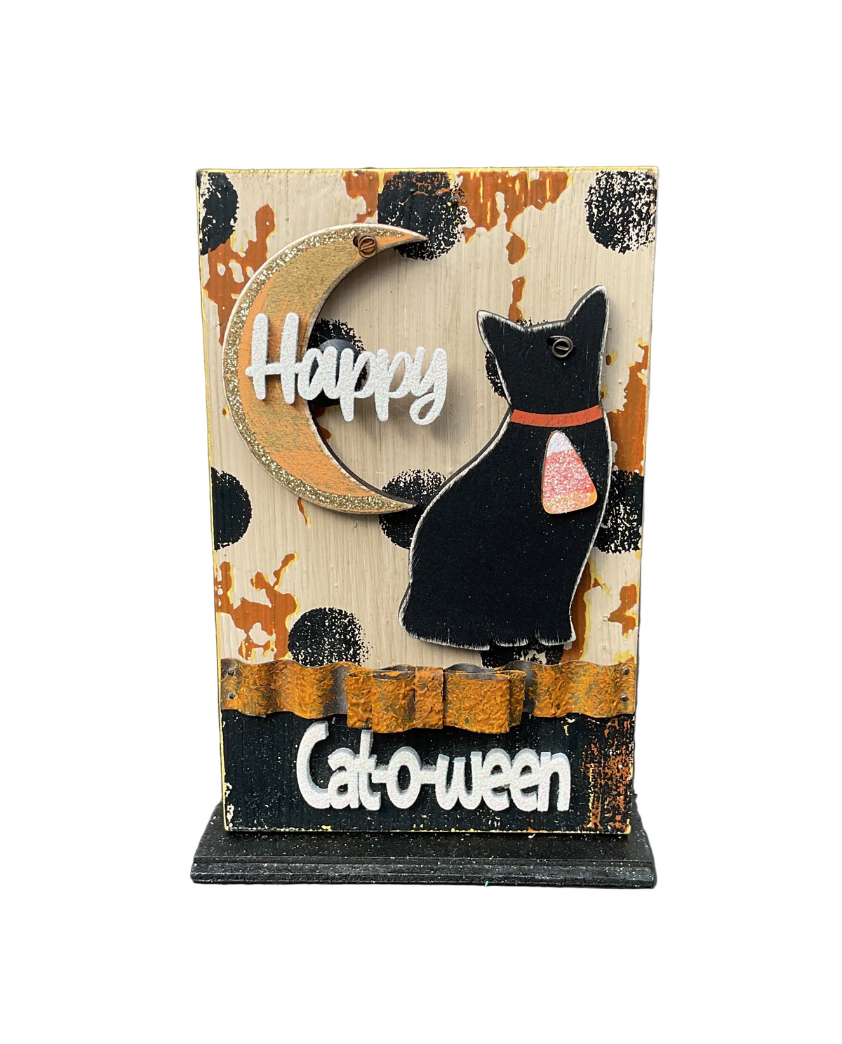 AGSD Halloween Decor - Prim Farmhouse 3-D Happy Cat-O-Ween Sitter Sign