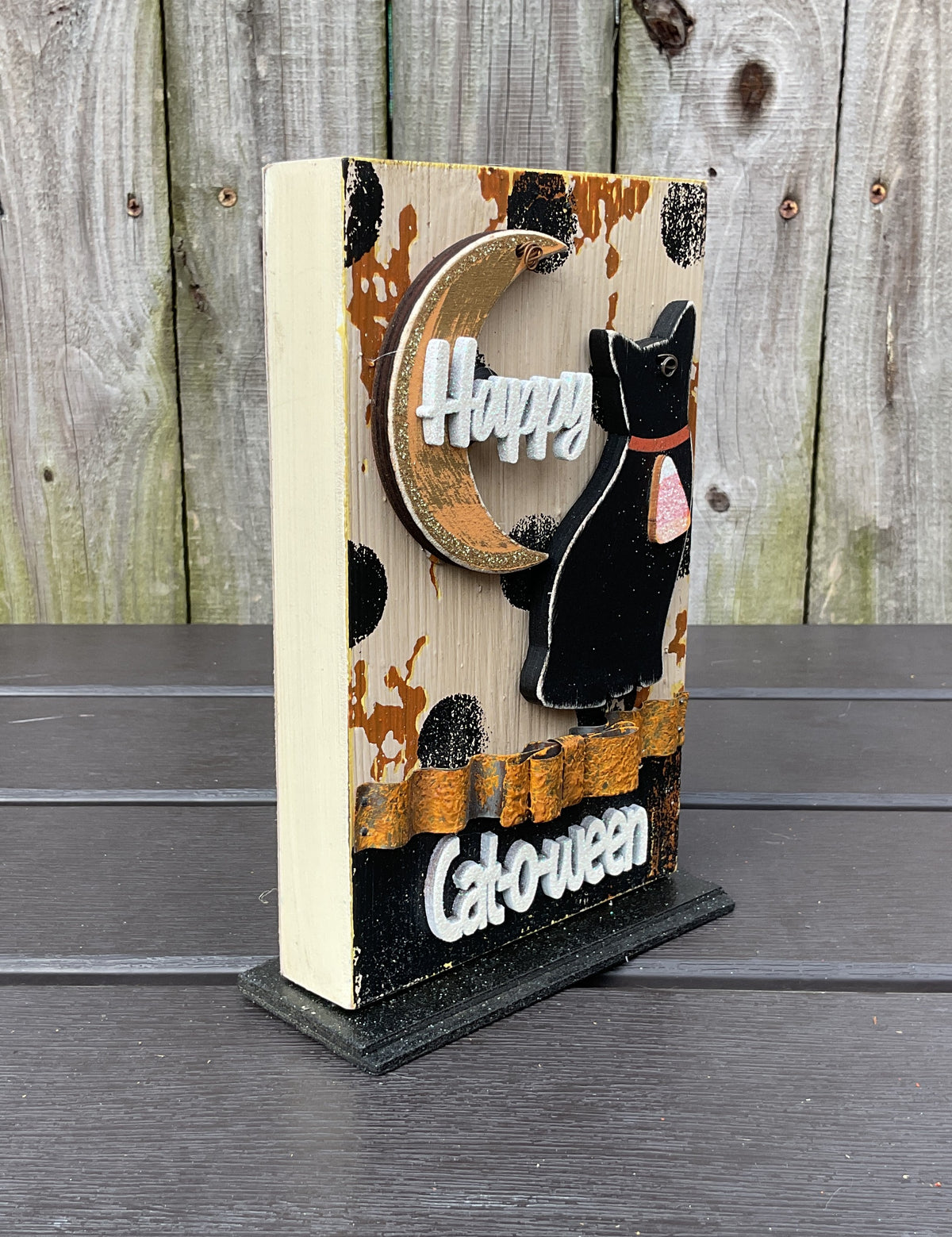 AGSD Halloween Decor - Prim Farmhouse 3-D Happy Cat-O-Ween Sitter Sign