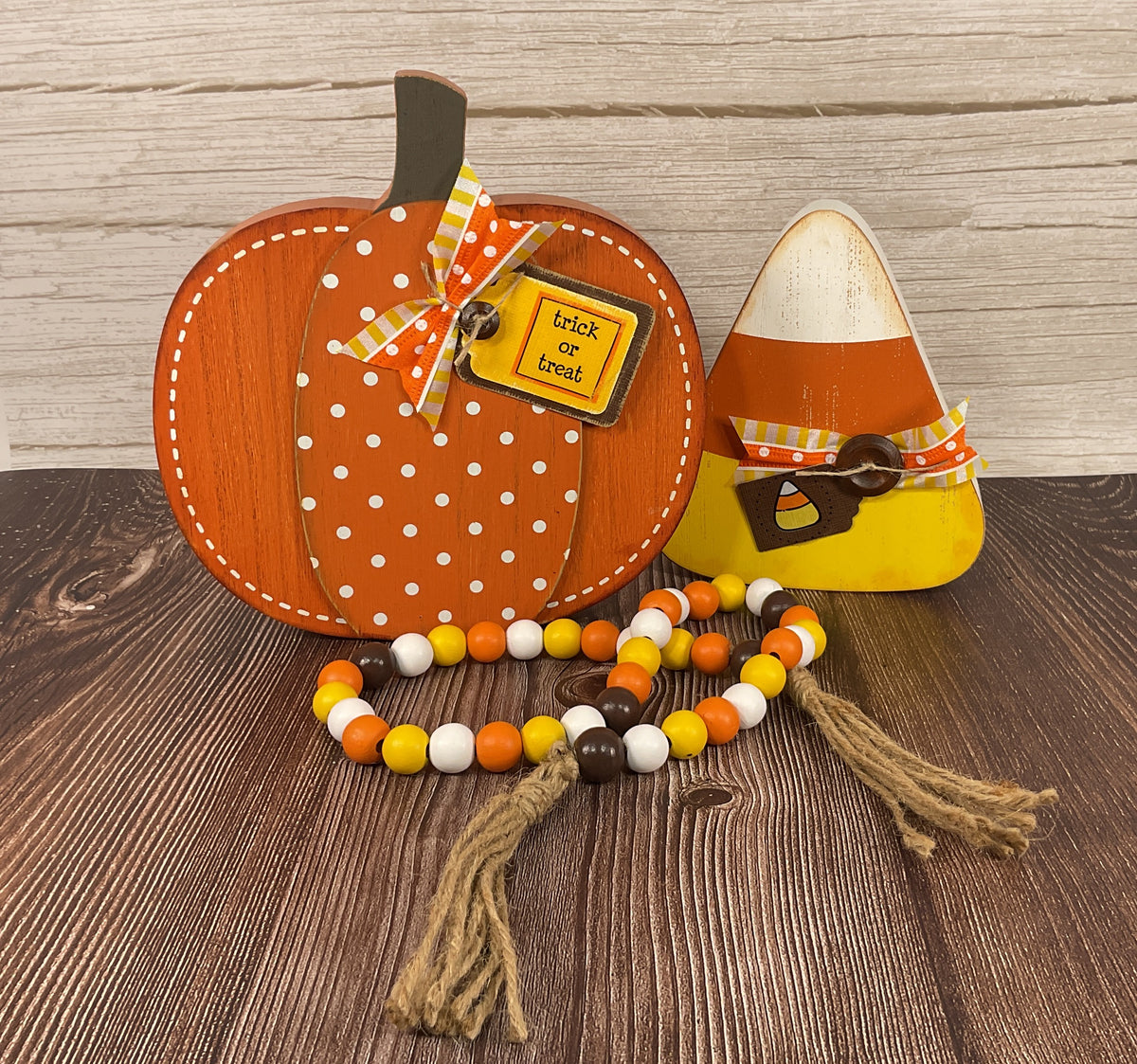 AGSD Halloween Decor - Chunky Wood Pumpkin Candy Corn & Garland 3pc Set
