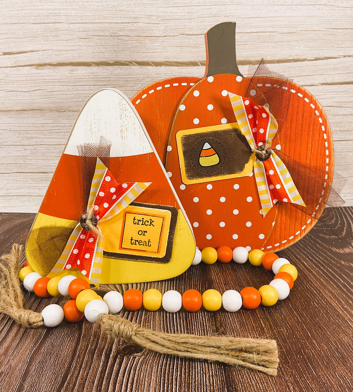 AGSD Halloween Decor - Chunky Wood Pumpkin Candy Corn & Garland 3pc Set