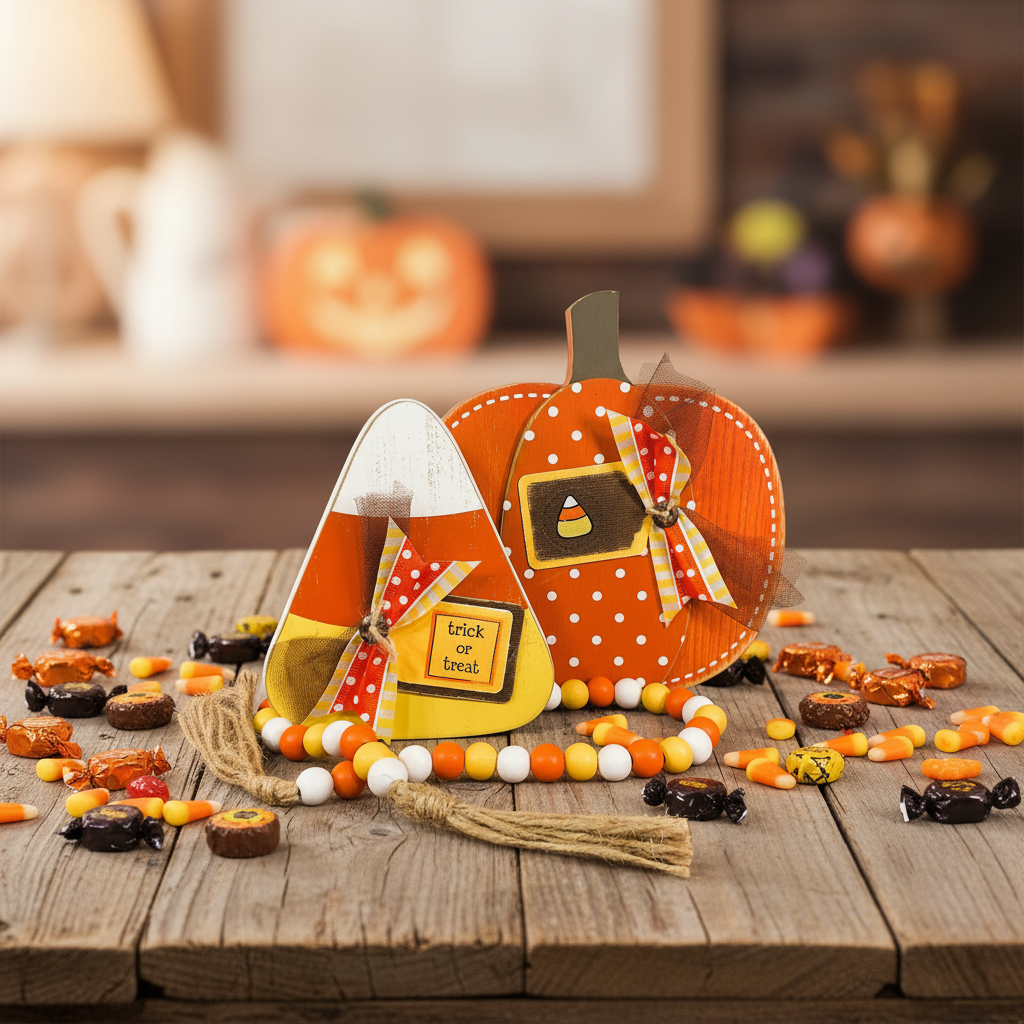 AGSD Halloween Decor - Chunky Wood Pumpkin Candy Corn & Garland 3pc Set