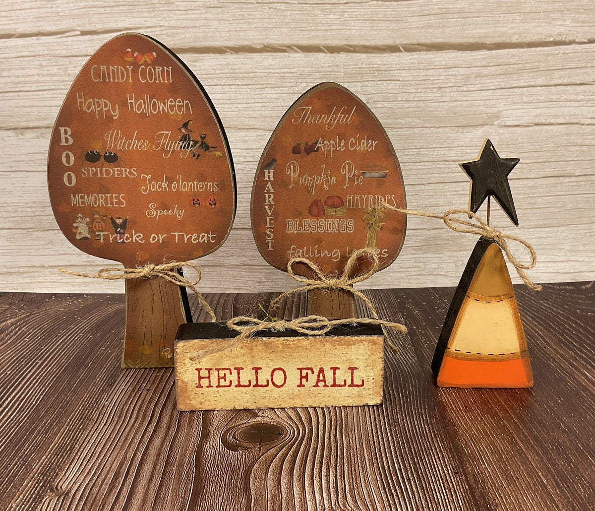 AGSD Halloween Decor - Fall Candy Corn Chunky Wood Trees & Small Pumpkins