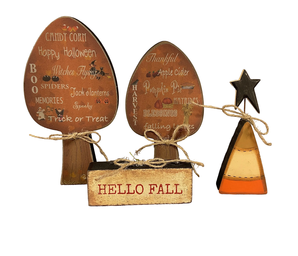 AGSD Halloween Decor - Fall Candy Corn Chunky Wood Trees & Small Pumpkins