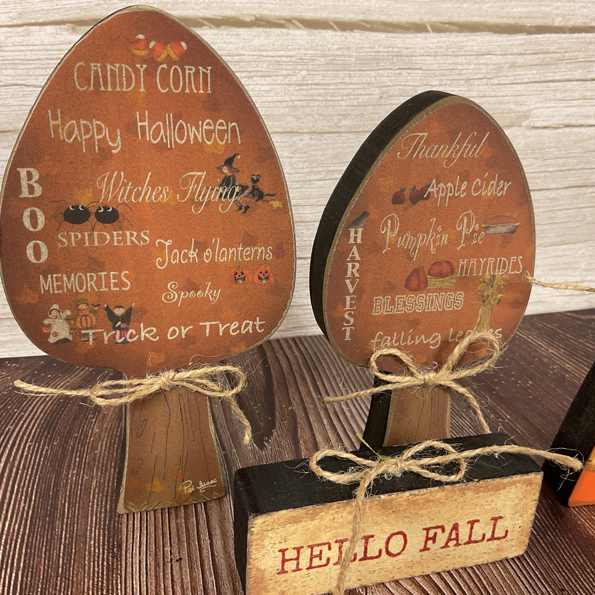 AGSD Halloween Decor - Fall Candy Corn Chunky Wood Trees & Small Pumpkins