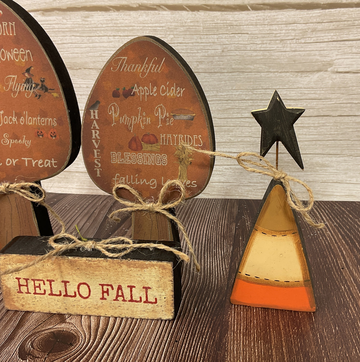 AGSD Halloween Decor - Fall Candy Corn Chunky Wood Trees & Small Pumpkins