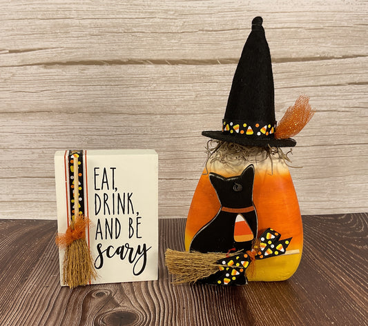 AGSD Halloween Decor - Eat Drink Candy Corn Witch Sitter 2pc Set