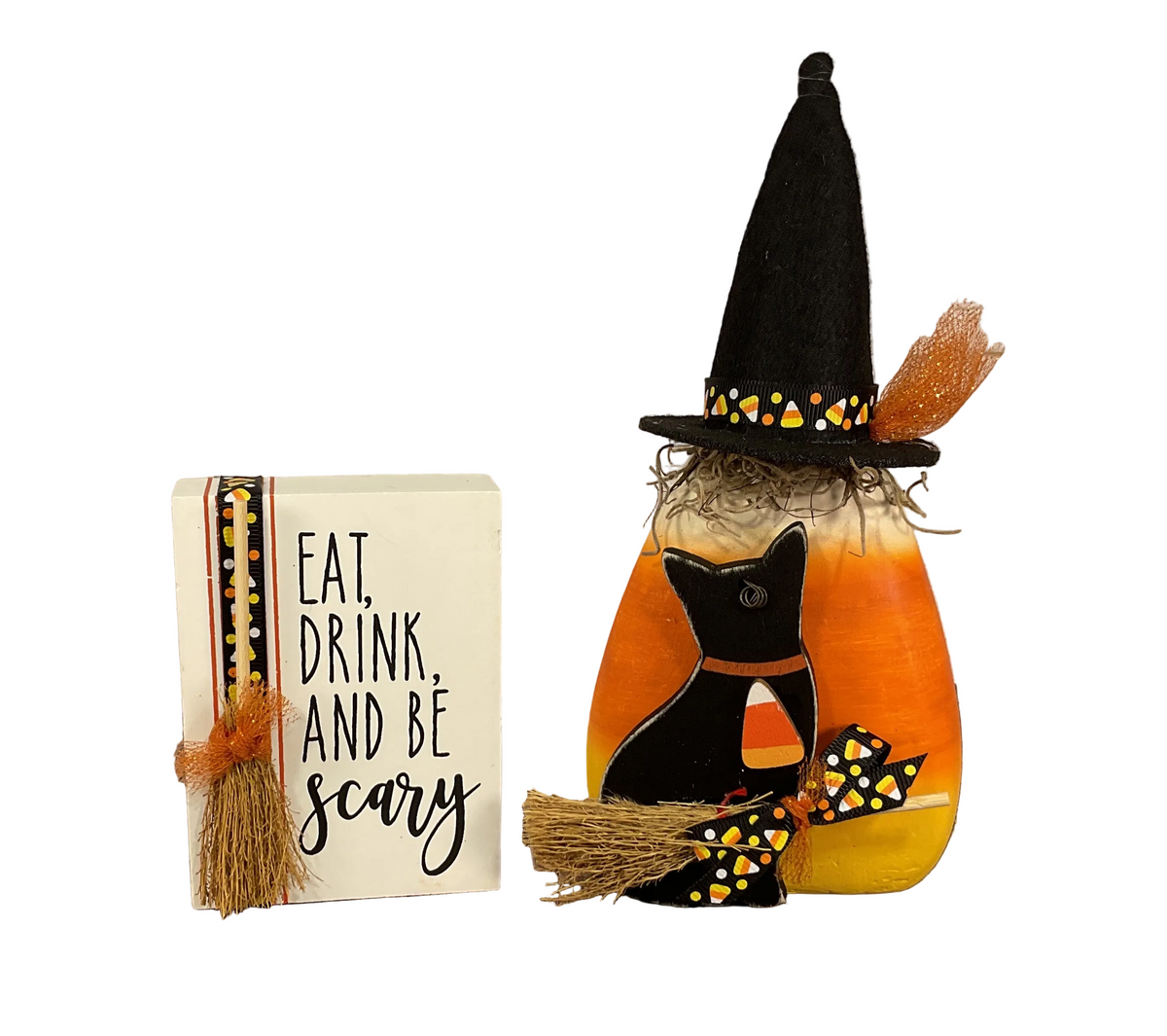 AGSD Halloween Decor - Eat Drink Candy Corn Witch Sitter 2pc Set