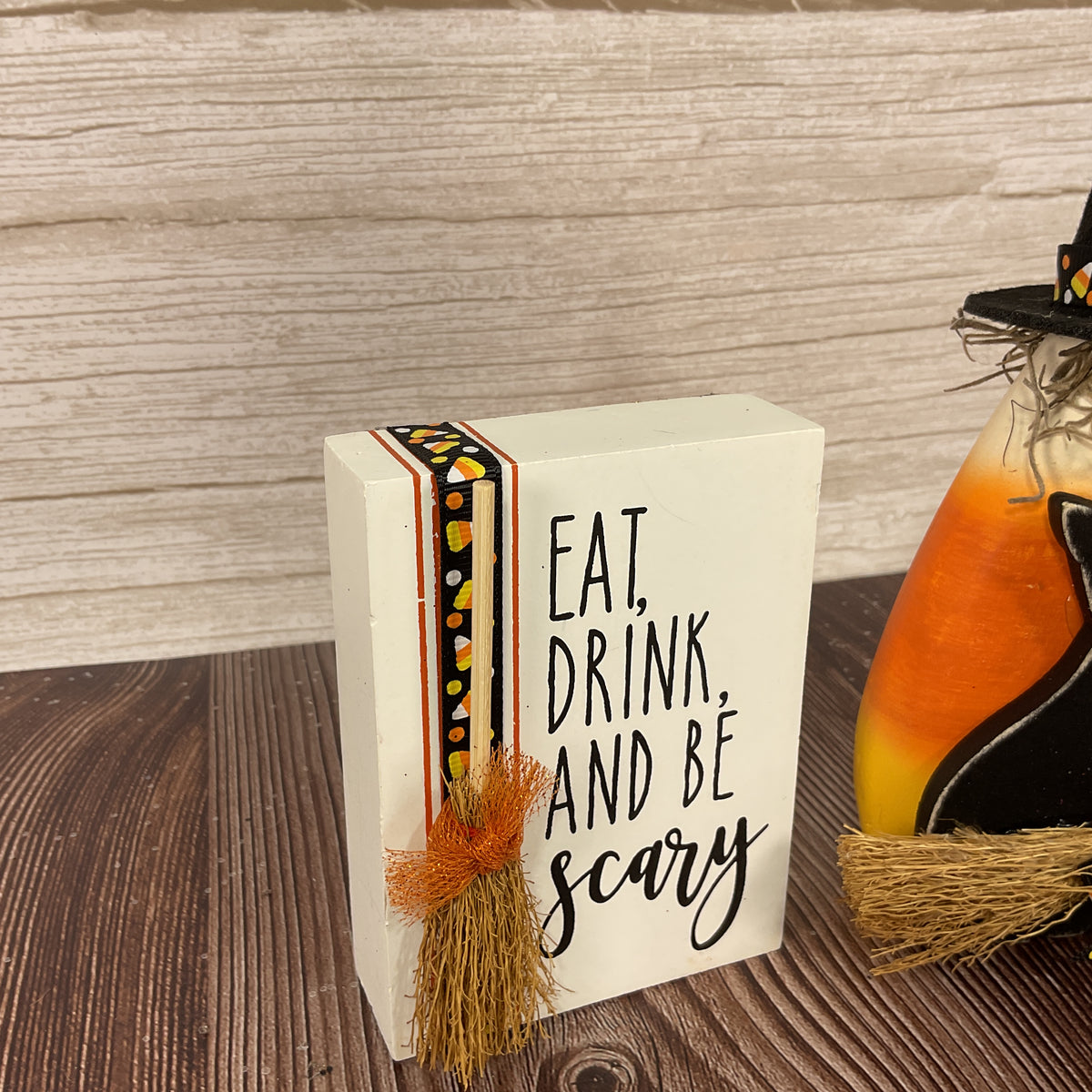 AGSD Halloween Decor - Eat Drink Candy Corn Witch Sitter 2pc Set