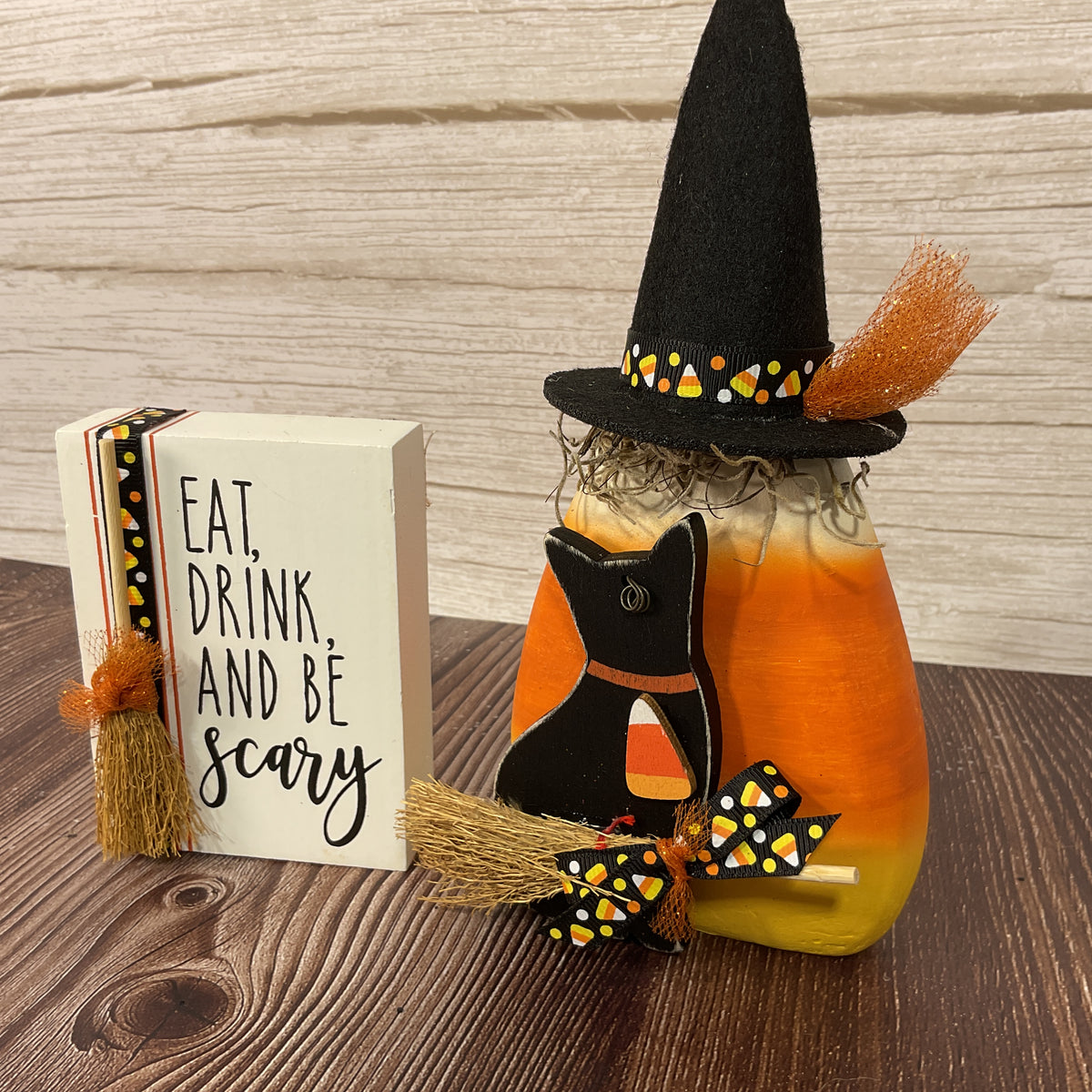 AGSD Halloween Decor - Eat Drink Candy Corn Witch Sitter 2pc Set