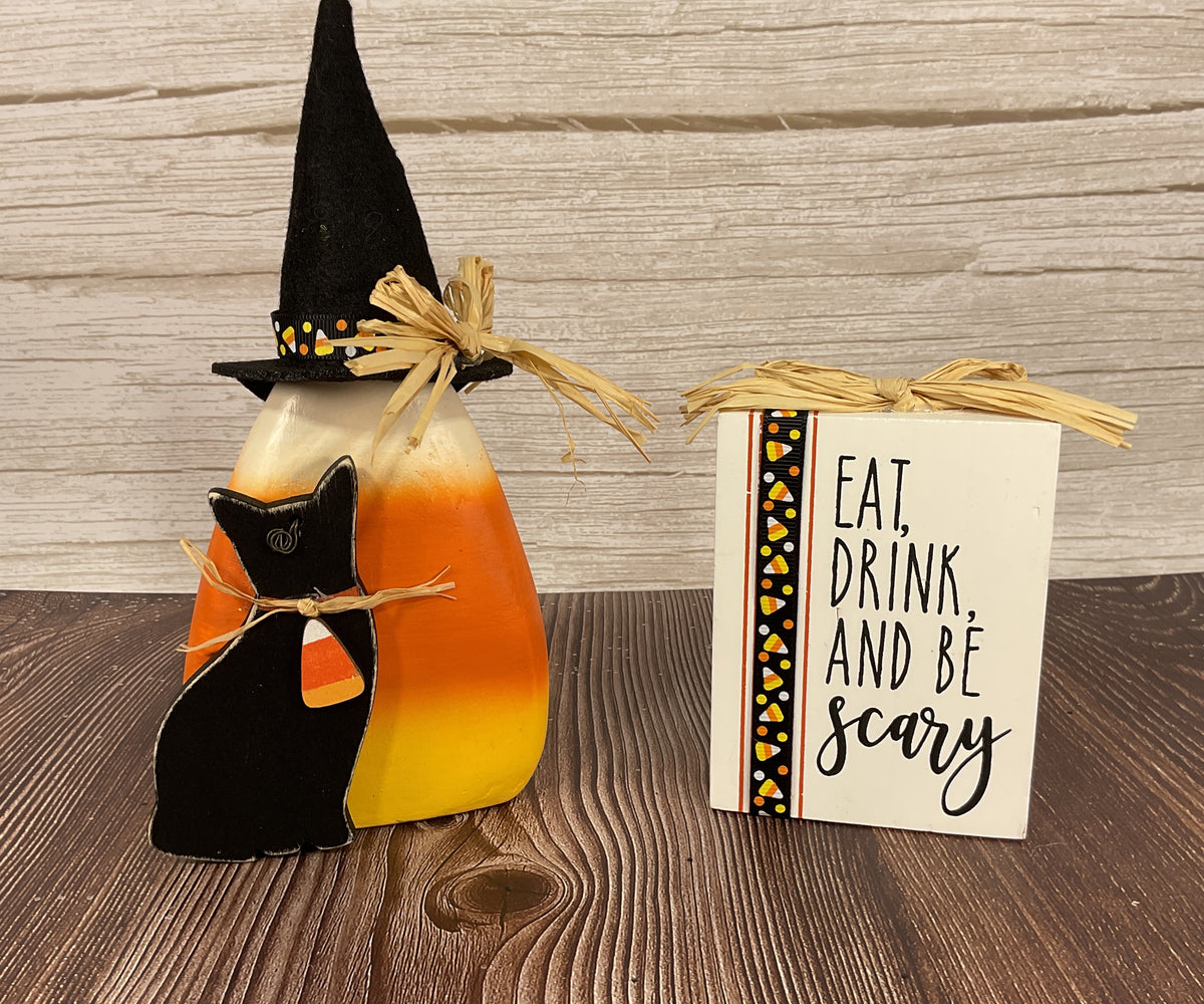 AGSD Halloween Decor - Eat Drink Candy Corn Witch Sitter 2pc Set