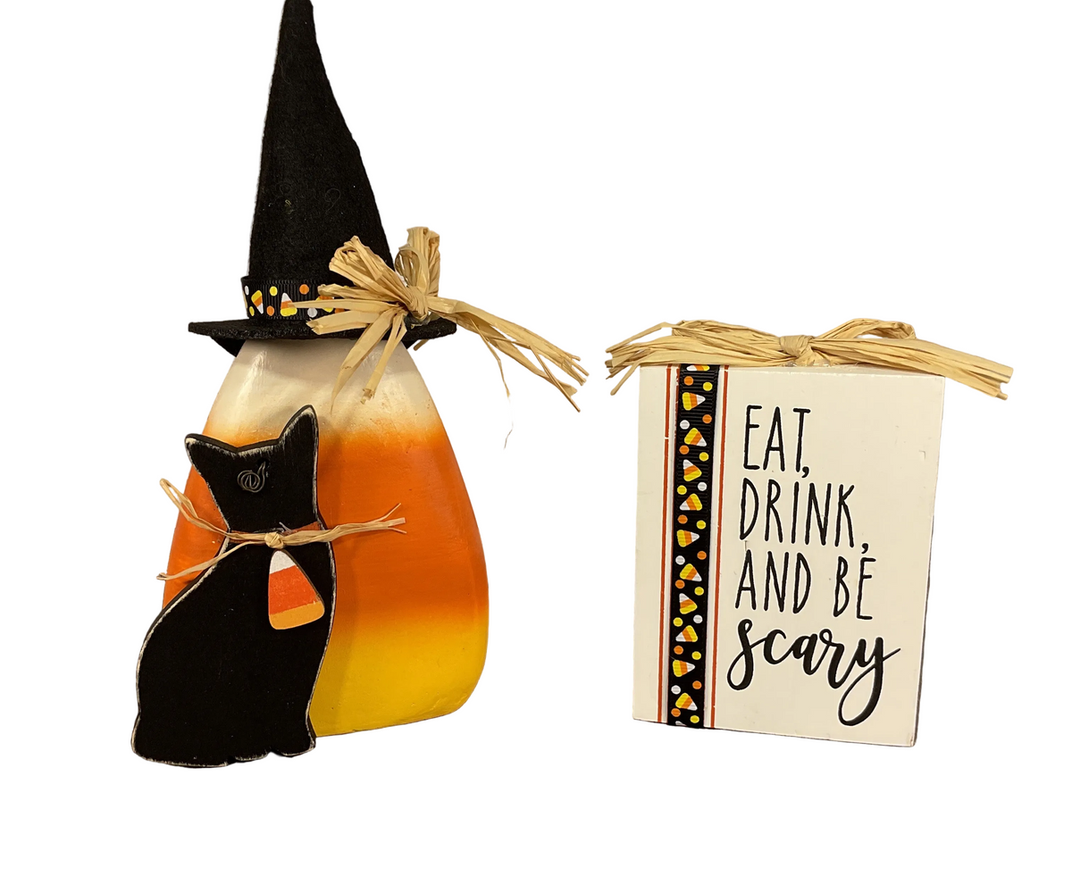 AGSD Halloween Decor - Eat Drink Candy Corn Witch Sitter 2pc Set