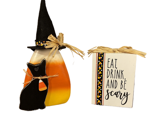 AGSD Halloween Decor - Eat Drink Candy Corn Witch Sitter 2pc Set