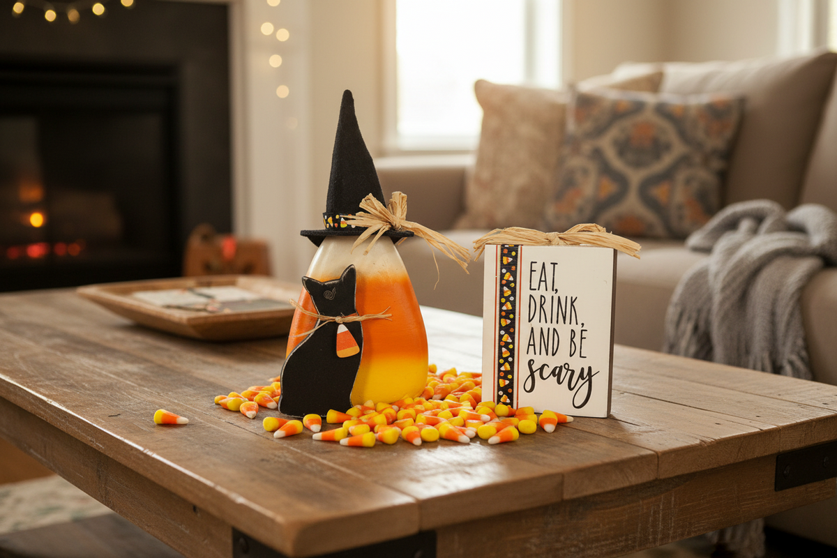 AGSD Halloween Decor - Eat Drink Candy Corn Witch Sitter 2pc Set