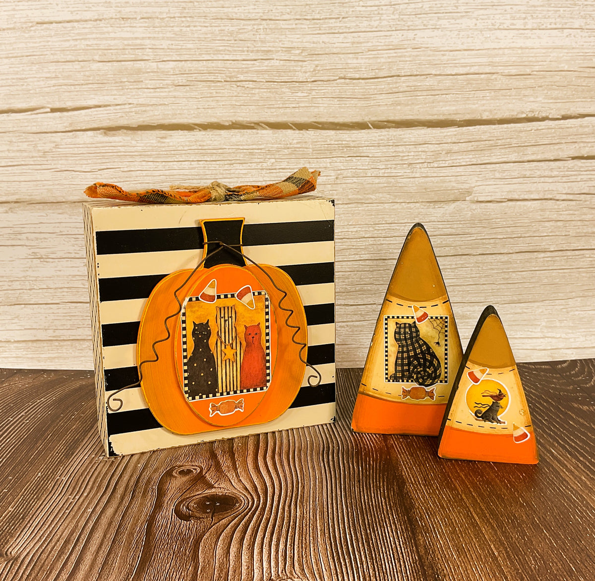 AGSD Halloween Decor - Prim Farmhouse Candy Corn Cat Box Sign 3pc Set