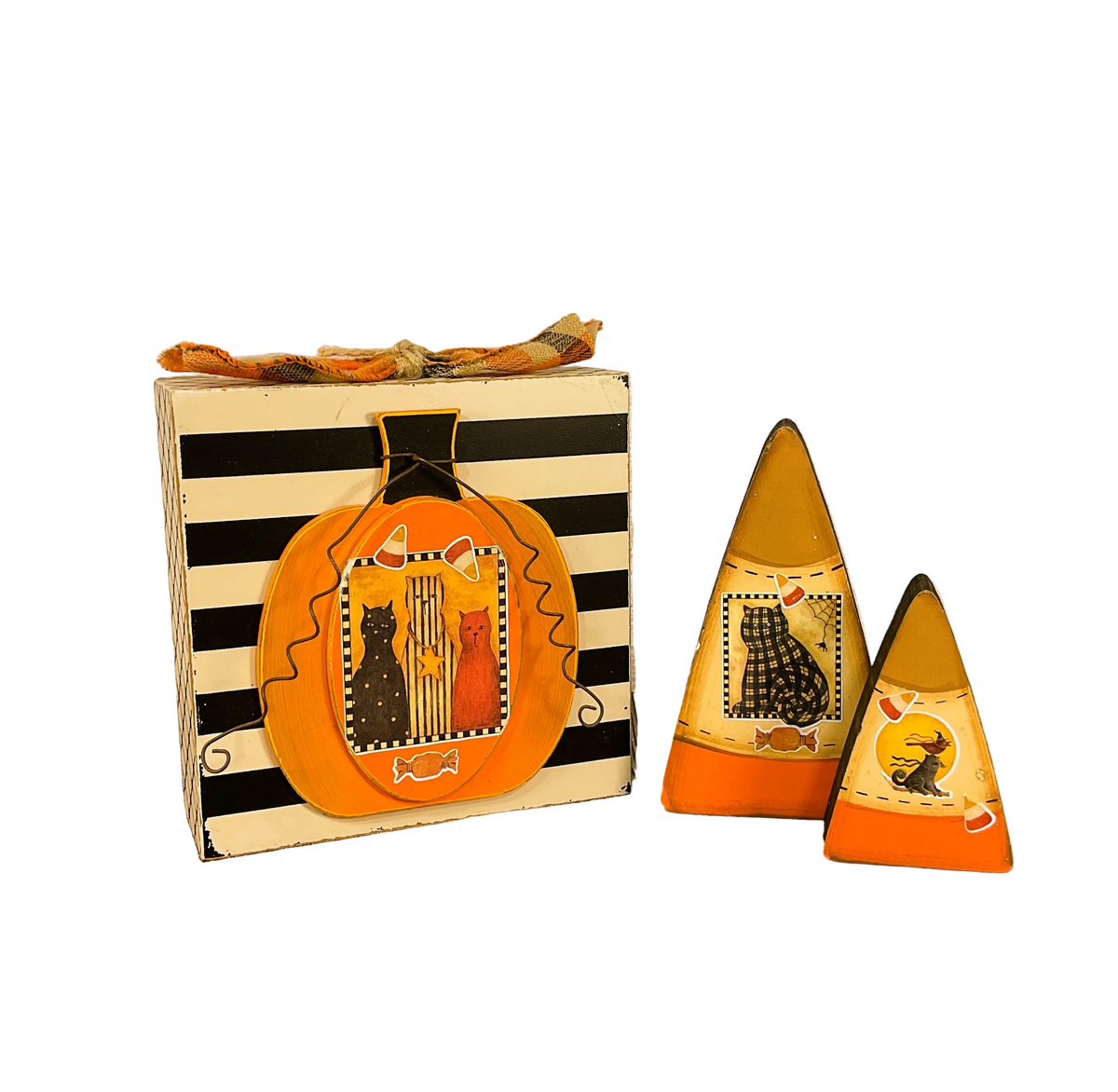 AGSD Halloween Decor - Prim Farmhouse Candy Corn Cat Box Sign 3pc Set