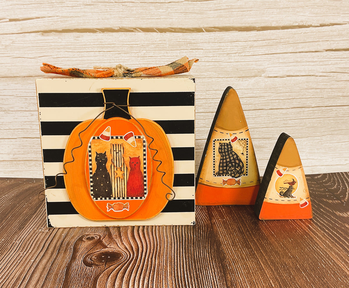 AGSD Halloween Decor - Prim Farmhouse Candy Corn Cat Box Sign 3pc Set