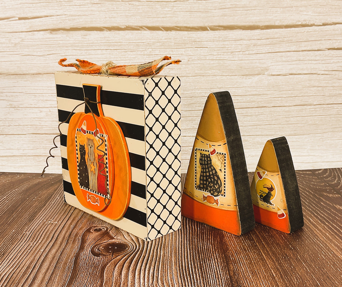 AGSD Halloween Decor - Prim Farmhouse Candy Corn Cat Box Sign 3pc Set