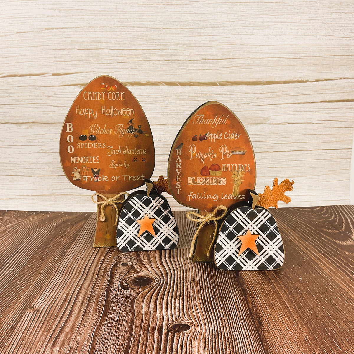 AGSD Halloween Decor - Prim Thankful Chunky Wood Trees & Small Pumpkins