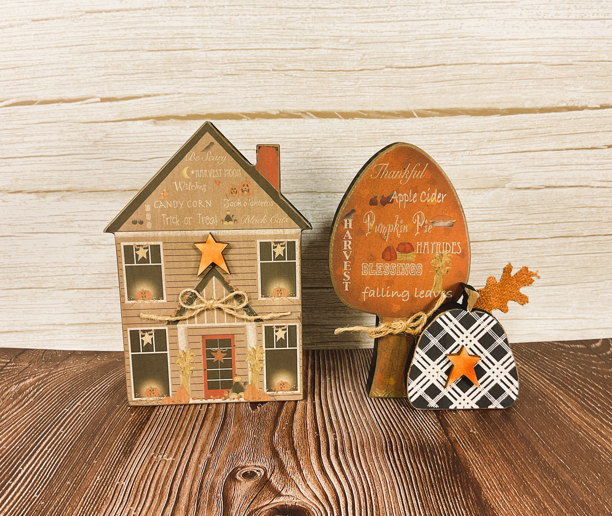AGSD Halloween Decor - Prim Thankful Chunky Wood Tree & House 2pc Set
