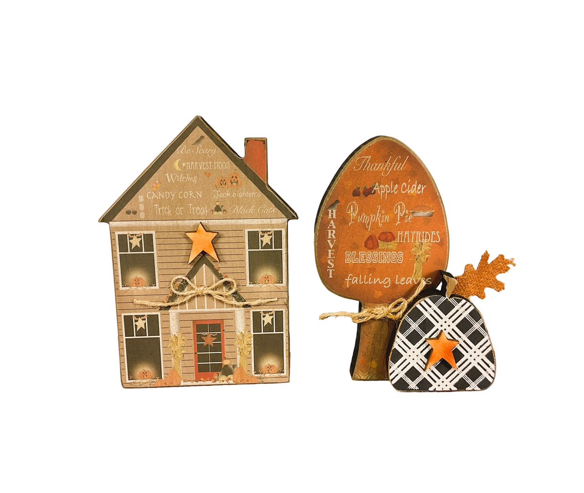 AGSD Halloween Decor - Prim Thankful Chunky Wood Tree & House 2pc Set