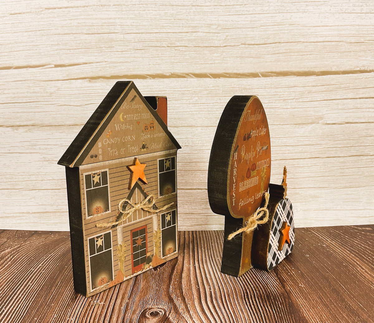 AGSD Halloween Decor - Prim Thankful Chunky Wood Tree & House 2pc Set