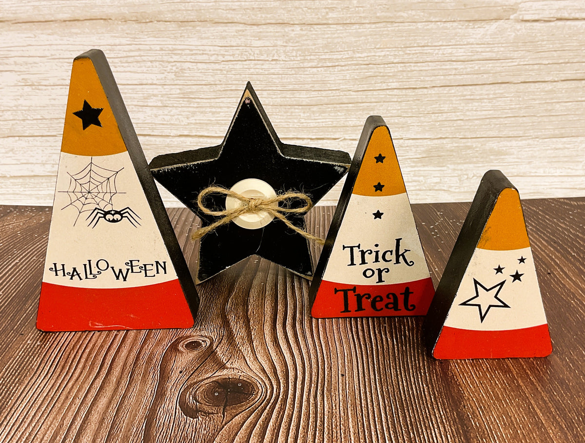 AGSD Halloween Decor - Chunky Wood Candy Corn & Star Tier Tray 4pc Set