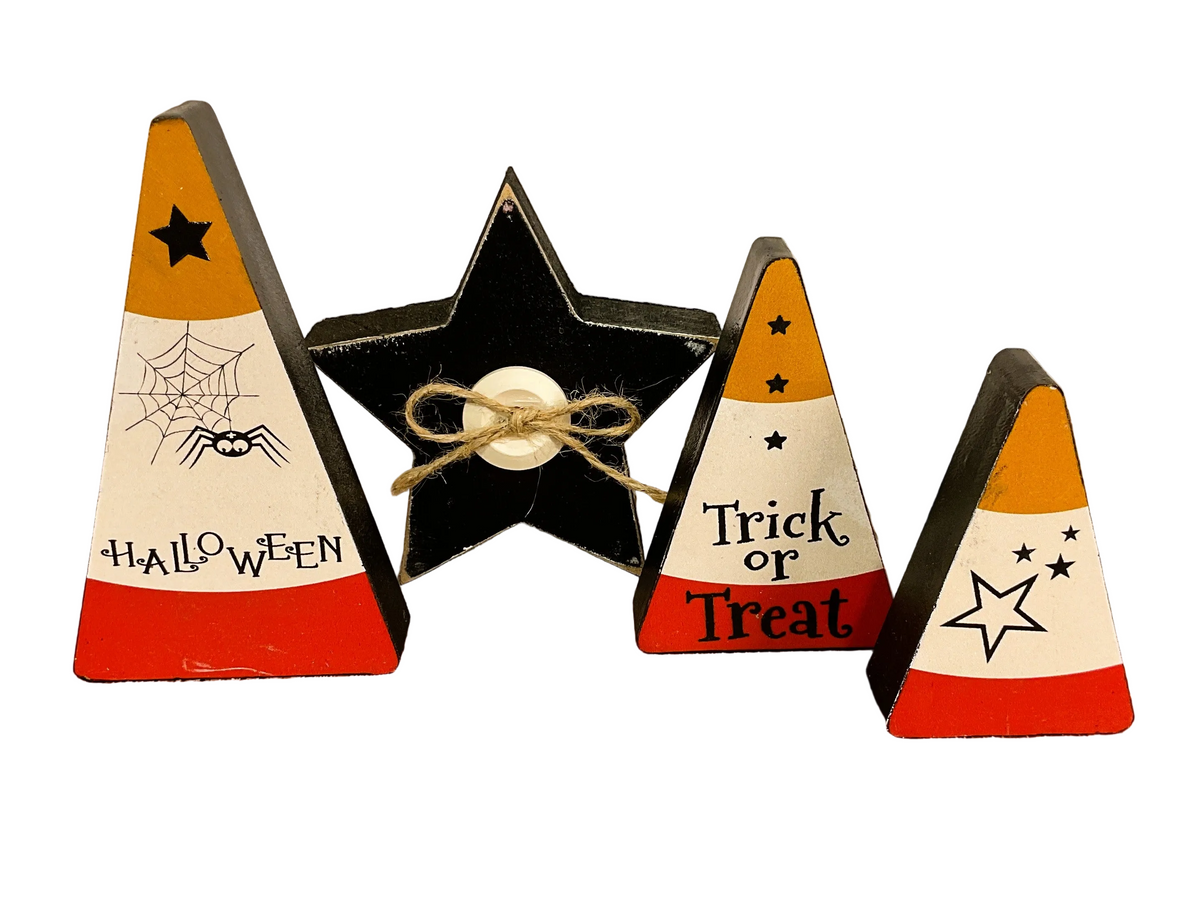 AGSD Halloween Decor - Chunky Wood Candy Corn & Star Tier Tray 4pc Set