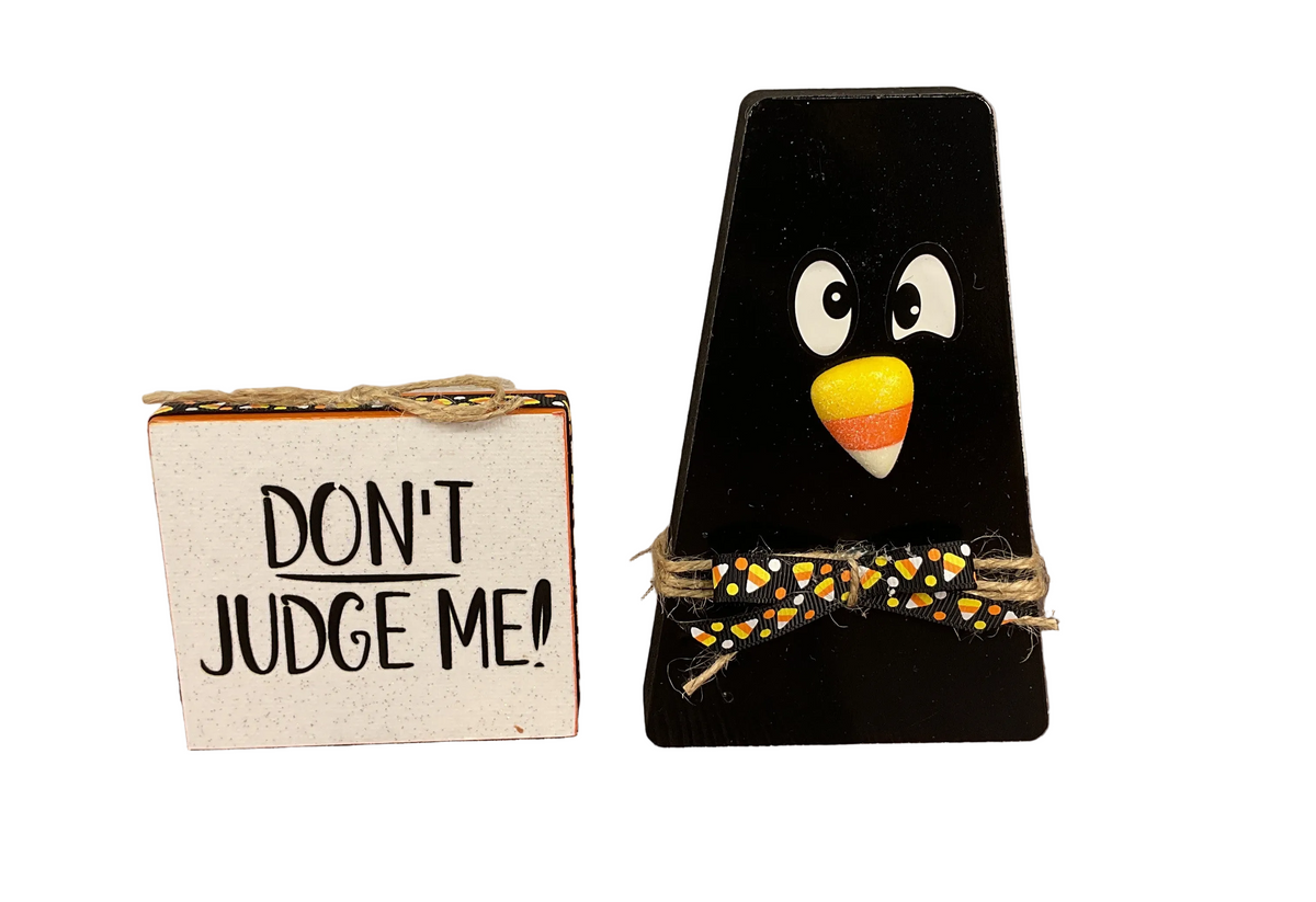 AGSD Halloween Decor - Chunky Wood Fall Black Crow & Sign 2pc Set