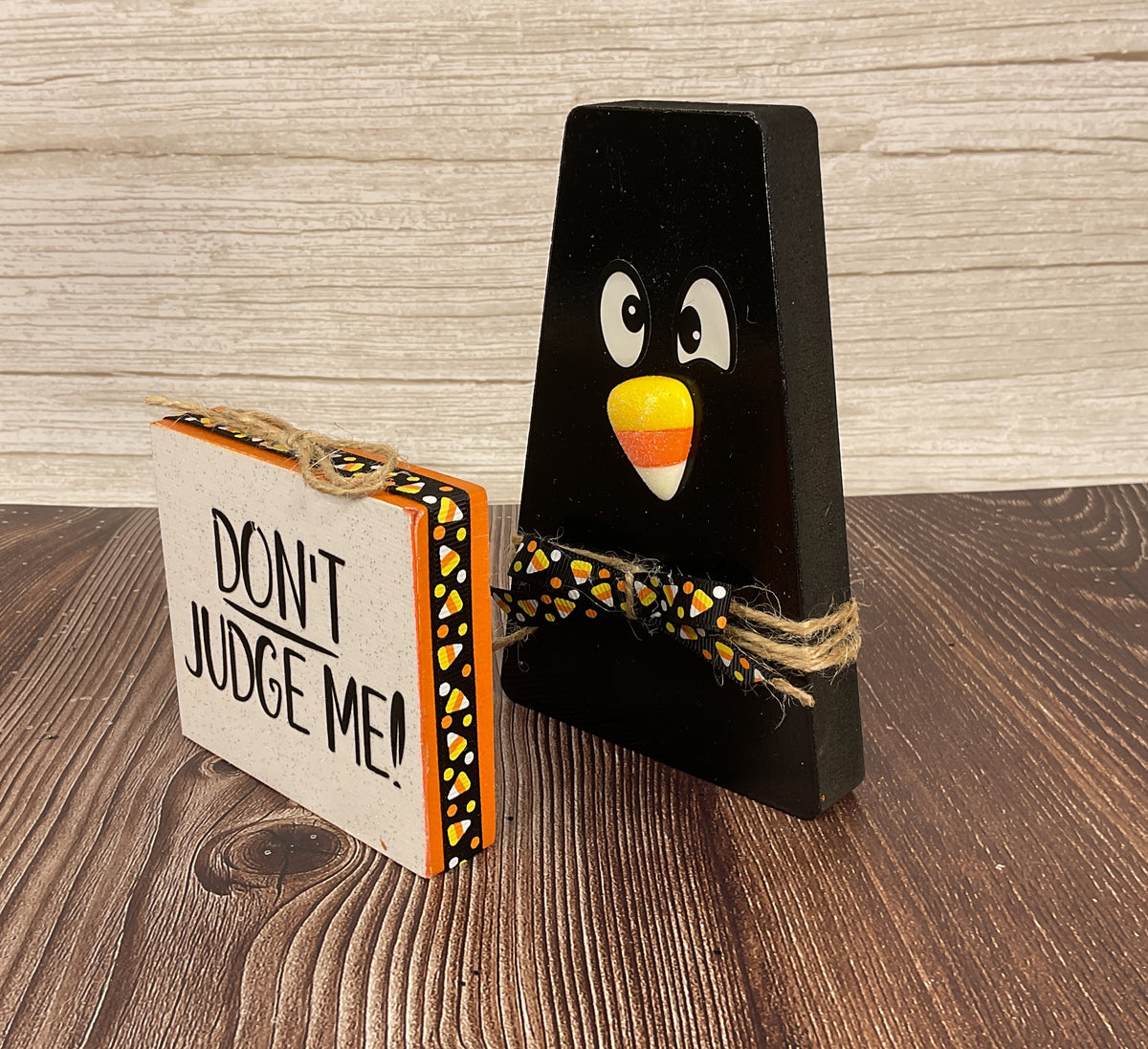 AGSD Halloween Decor - Chunky Wood Fall Black Crow & Sign 2pc Set