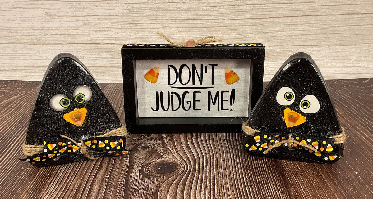 AGSD Halloween Decor - Chunky Fall Wood Candy Corn & Black Crows 3pc Set