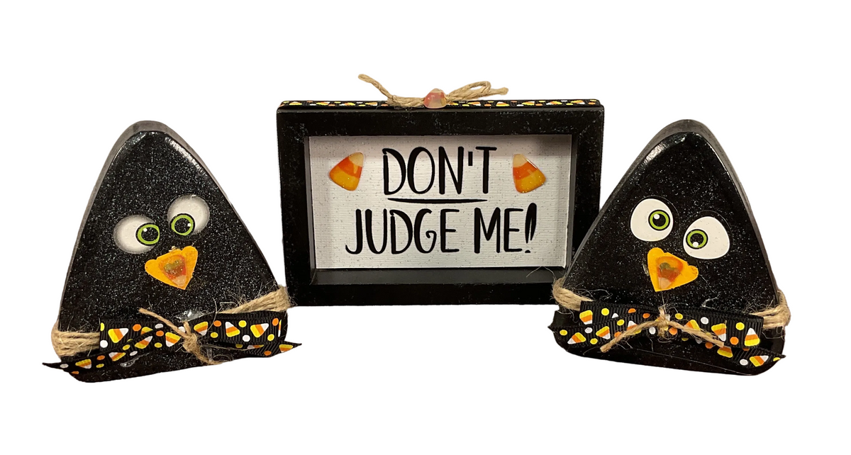 AGSD Halloween Decor - Chunky Fall Wood Candy Corn & Black Crows 3pc Set