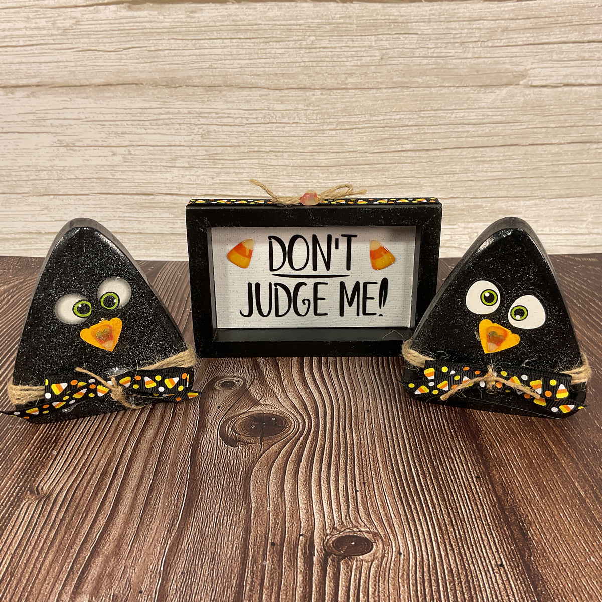 AGSD Halloween Decor - Chunky Fall Wood Candy Corn & Black Crows 3pc Set