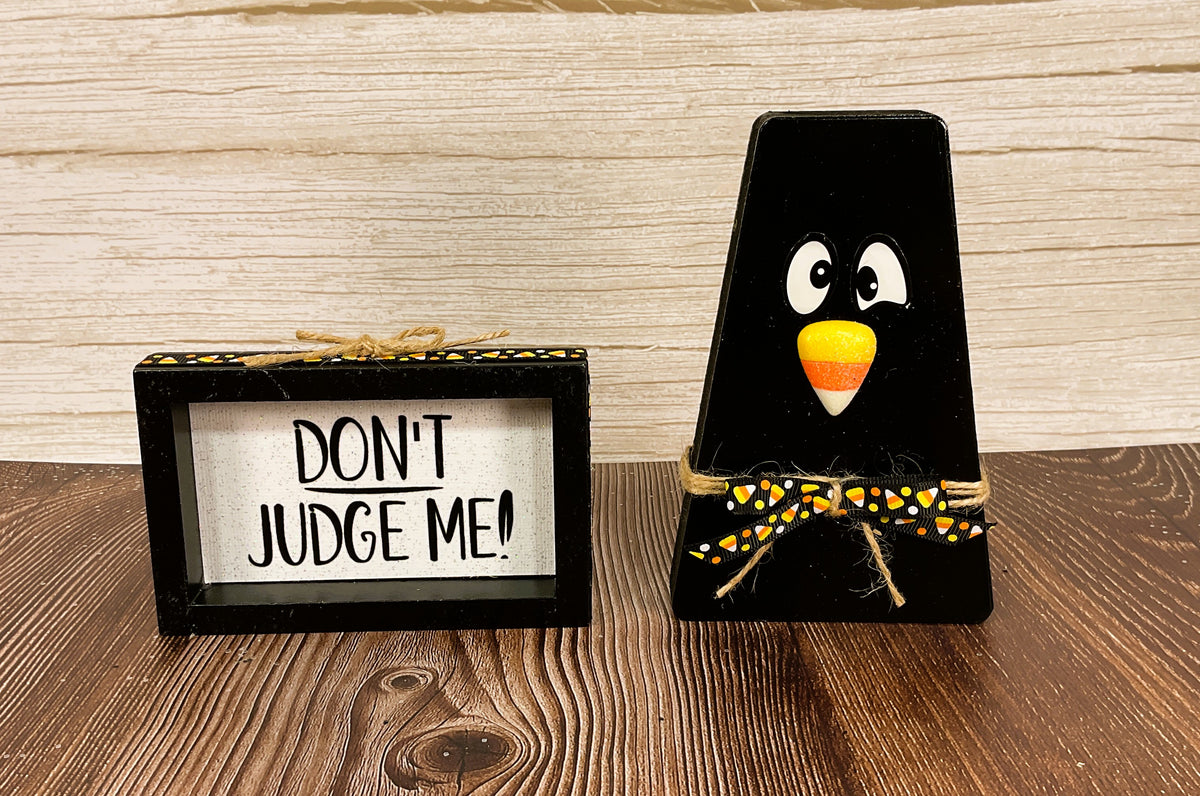 AGSD Halloween Decor - Chunky Wood Fall Black Crow & Sign 2pc Set