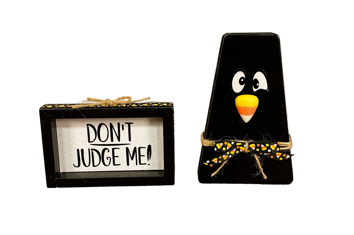 AGSD Halloween Decor - Chunky Wood Fall Black Crow & Sign 2pc Set