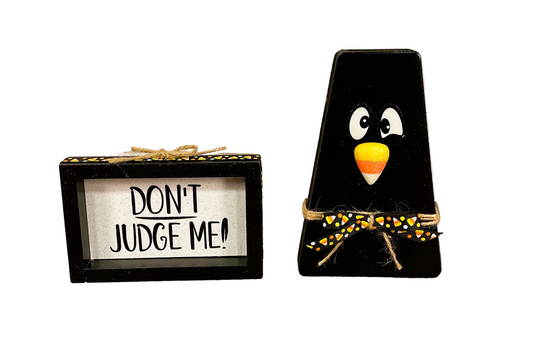 AGSD Halloween Decor - Chunky Wood Fall Black Crow & Sign 2pc Set