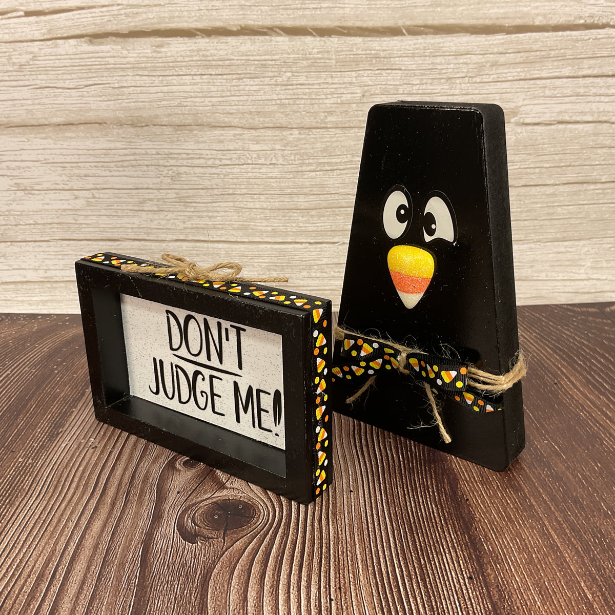 AGSD Halloween Decor - Chunky Wood Fall Black Crow & Sign 2pc Set