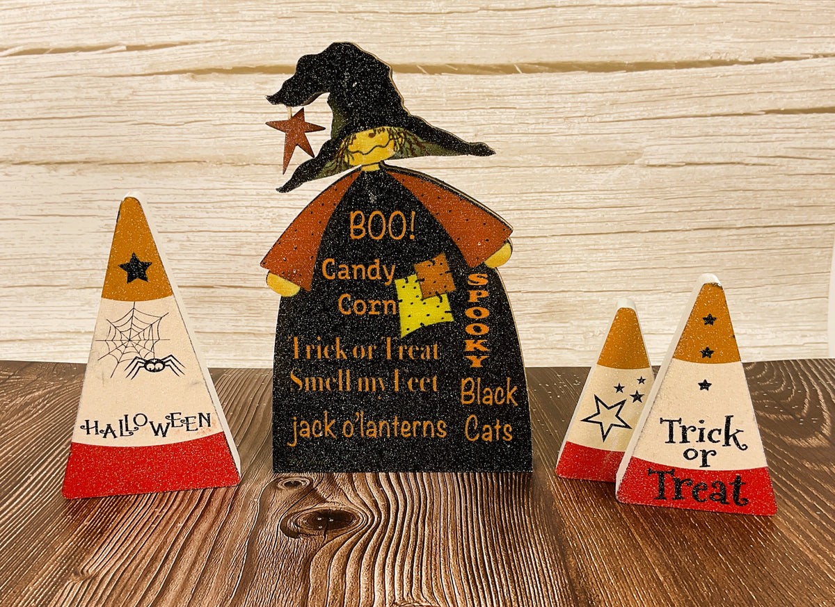 AGSD Halloween Decor - Chunky Wood Candy Corn & Witch 3pc Set