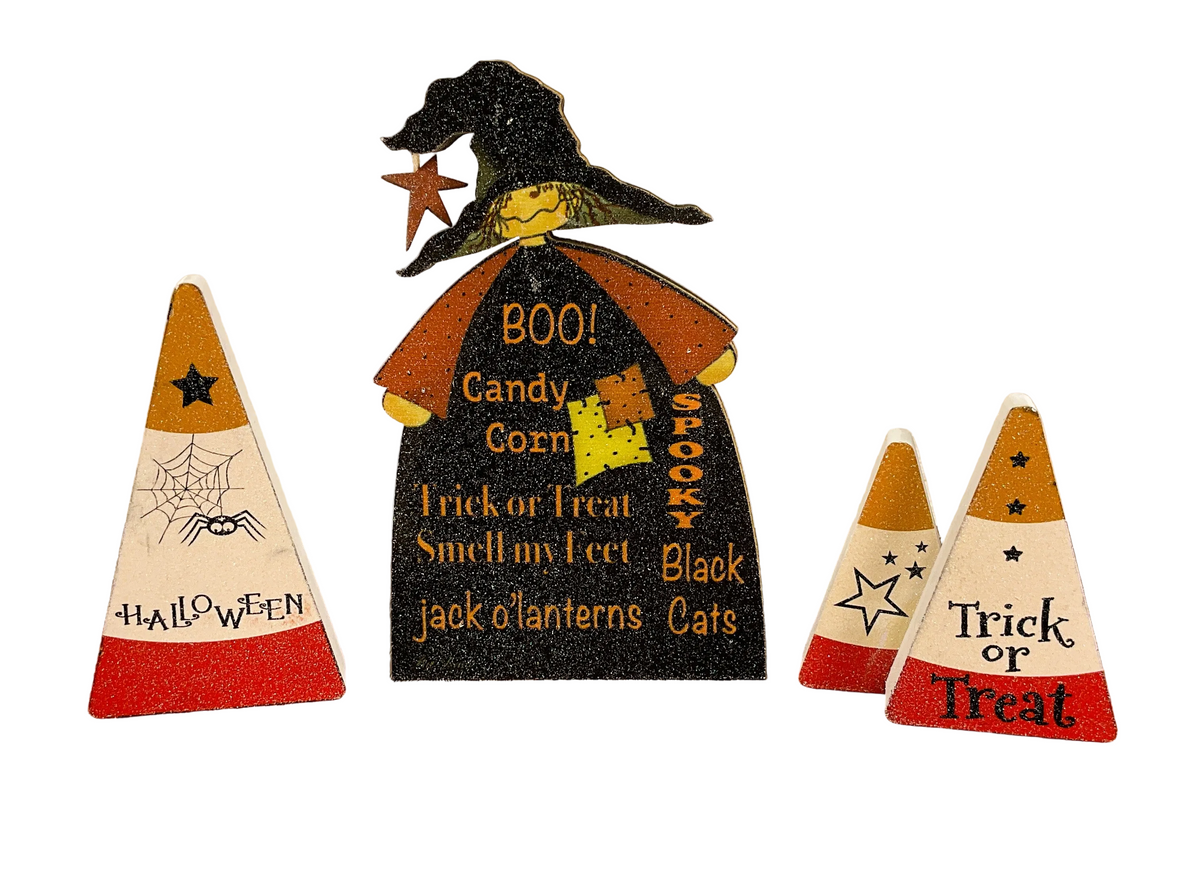 AGSD Halloween Decor - Chunky Wood Candy Corn & Witch 3pc Set
