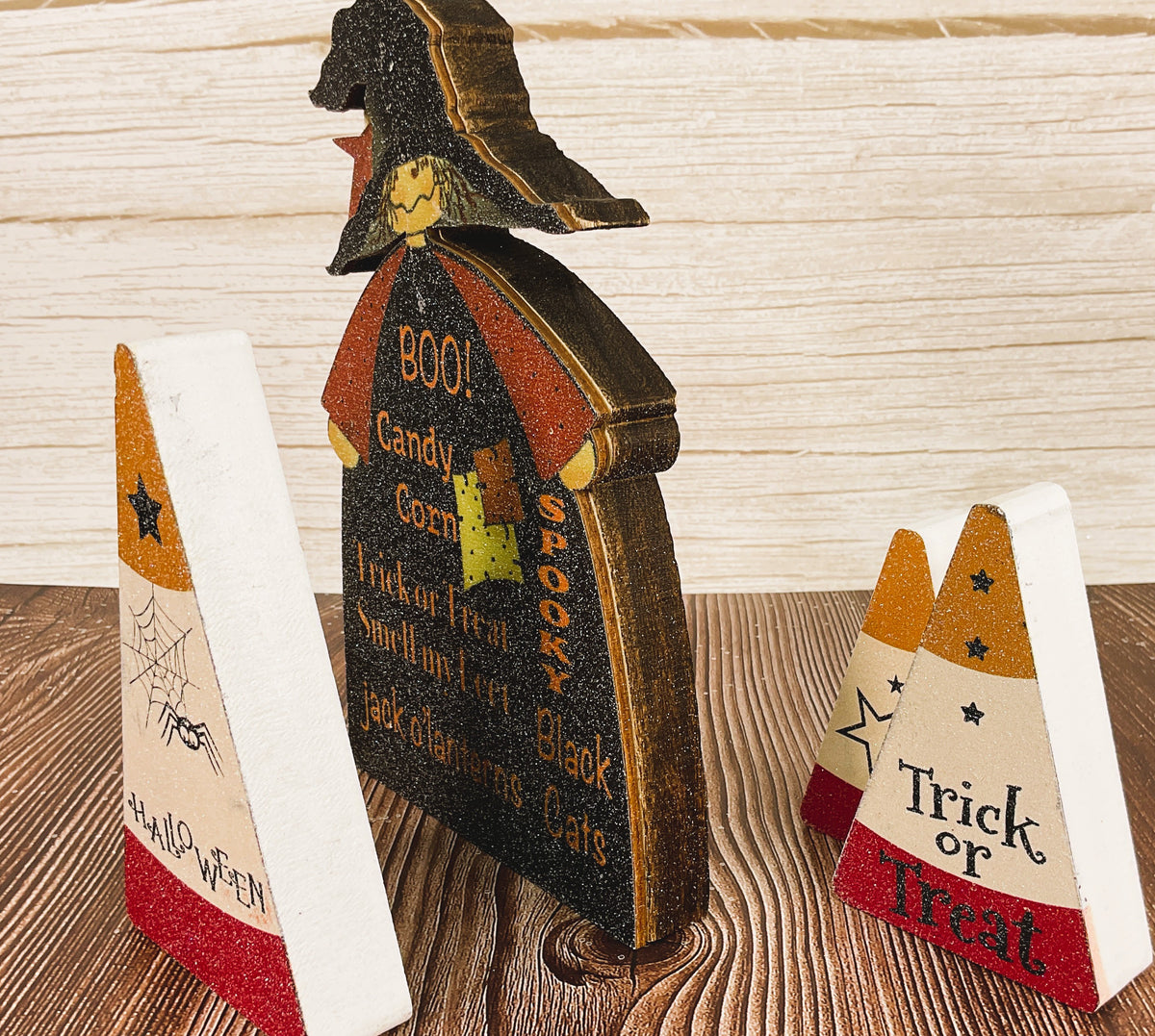 AGSD Halloween Decor - Chunky Wood Candy Corn & Witch 3pc Set