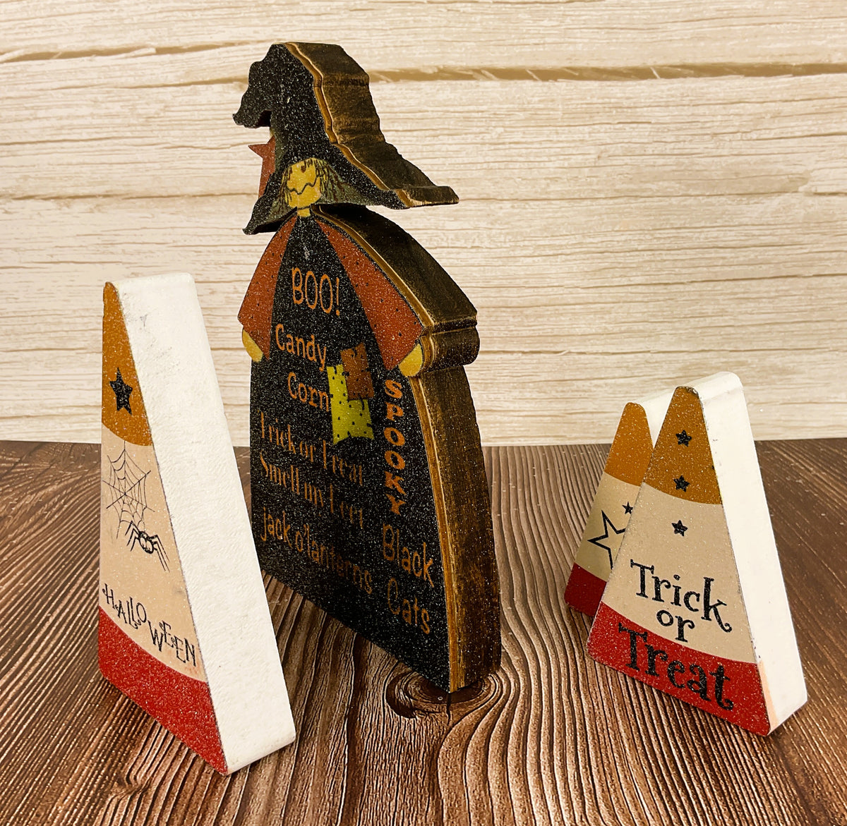 AGSD Halloween Decor - Chunky Wood Candy Corn & Witch 3pc Set