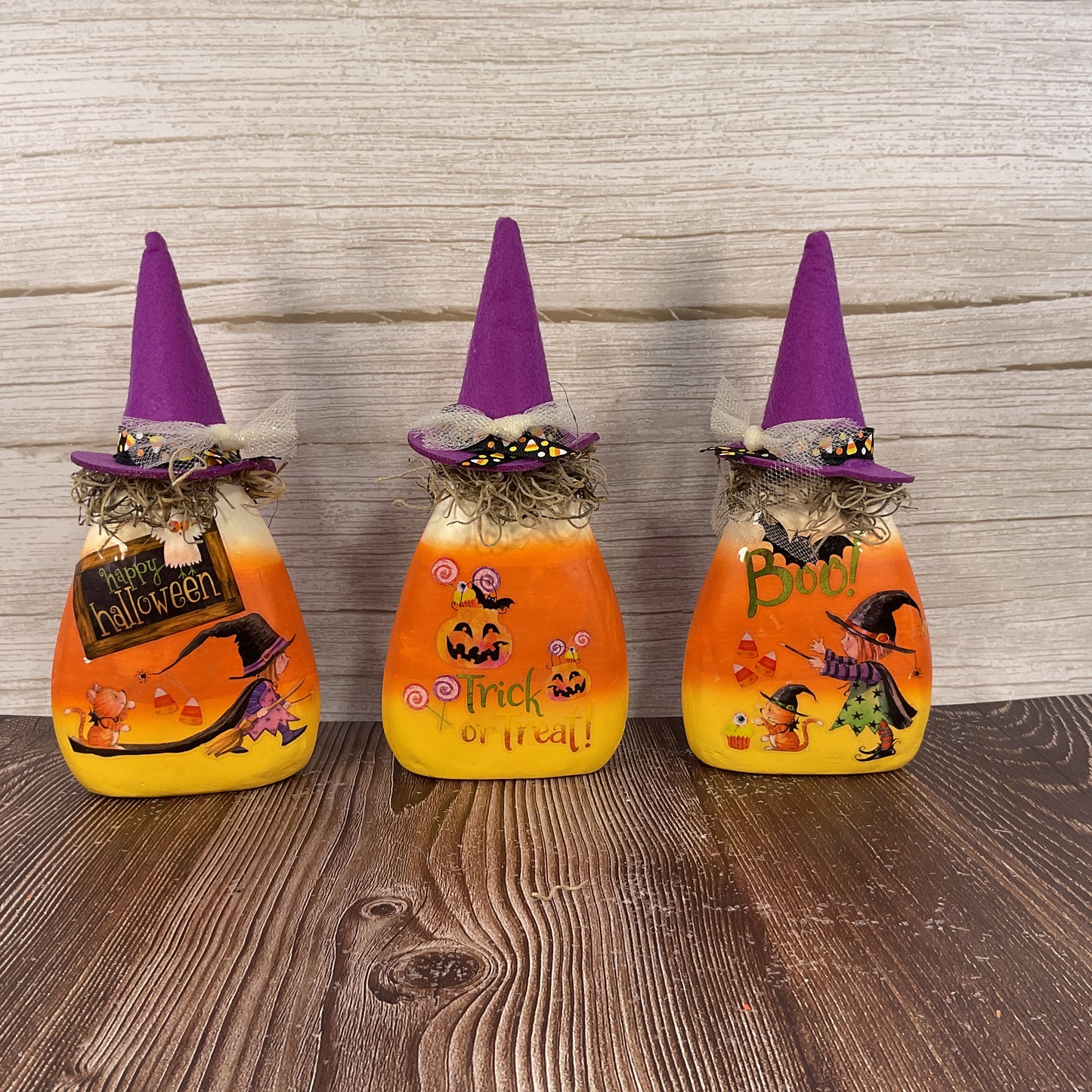 AGSD Halloween Decor - Sweet Girl Witch Scene Paper Mache Candy Corn Sitter 3pc Set